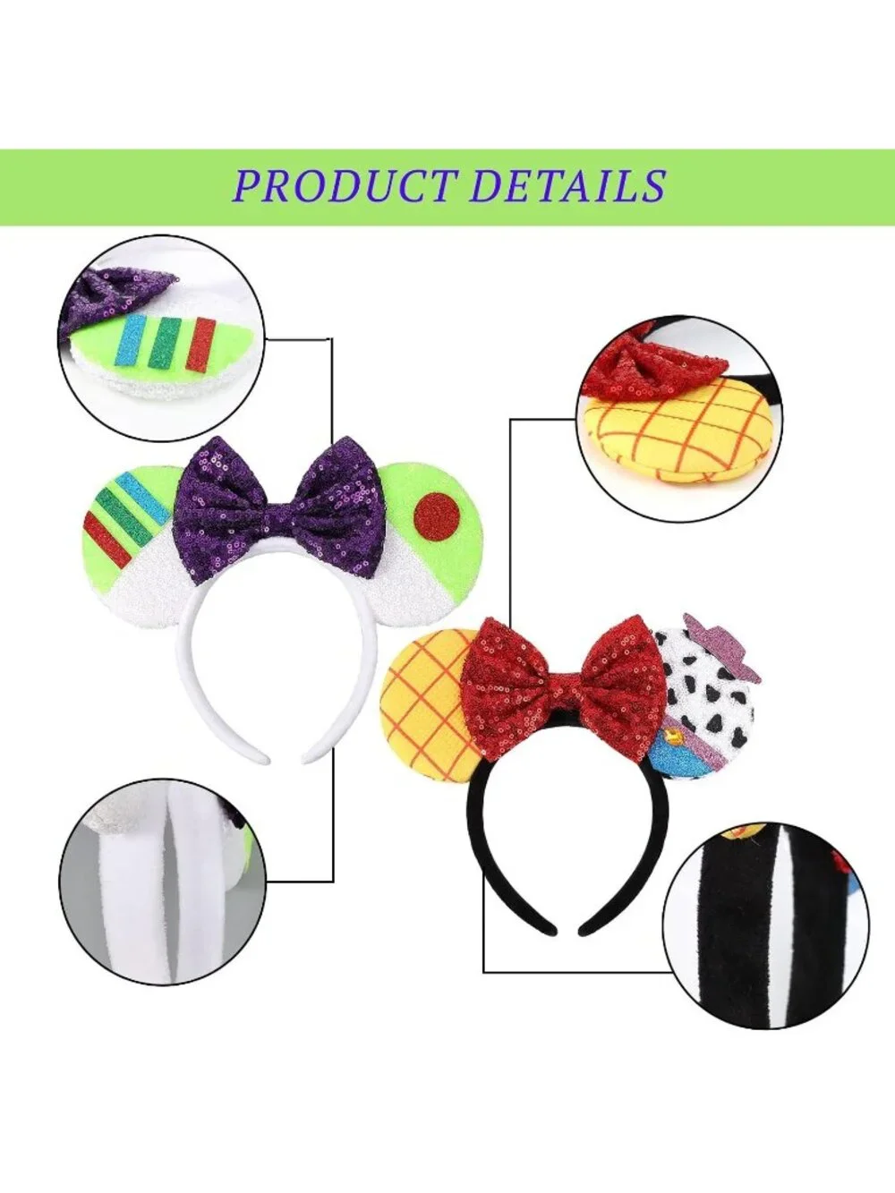 Women Green&Yellow Sparkly Sequin Mickey Mouse Costume Headband For Cosplay 2PCS